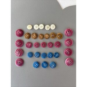 Vintage Striped Button Lot Cream Brown Pink Blue Two-Hole Plastic Sewing Craft